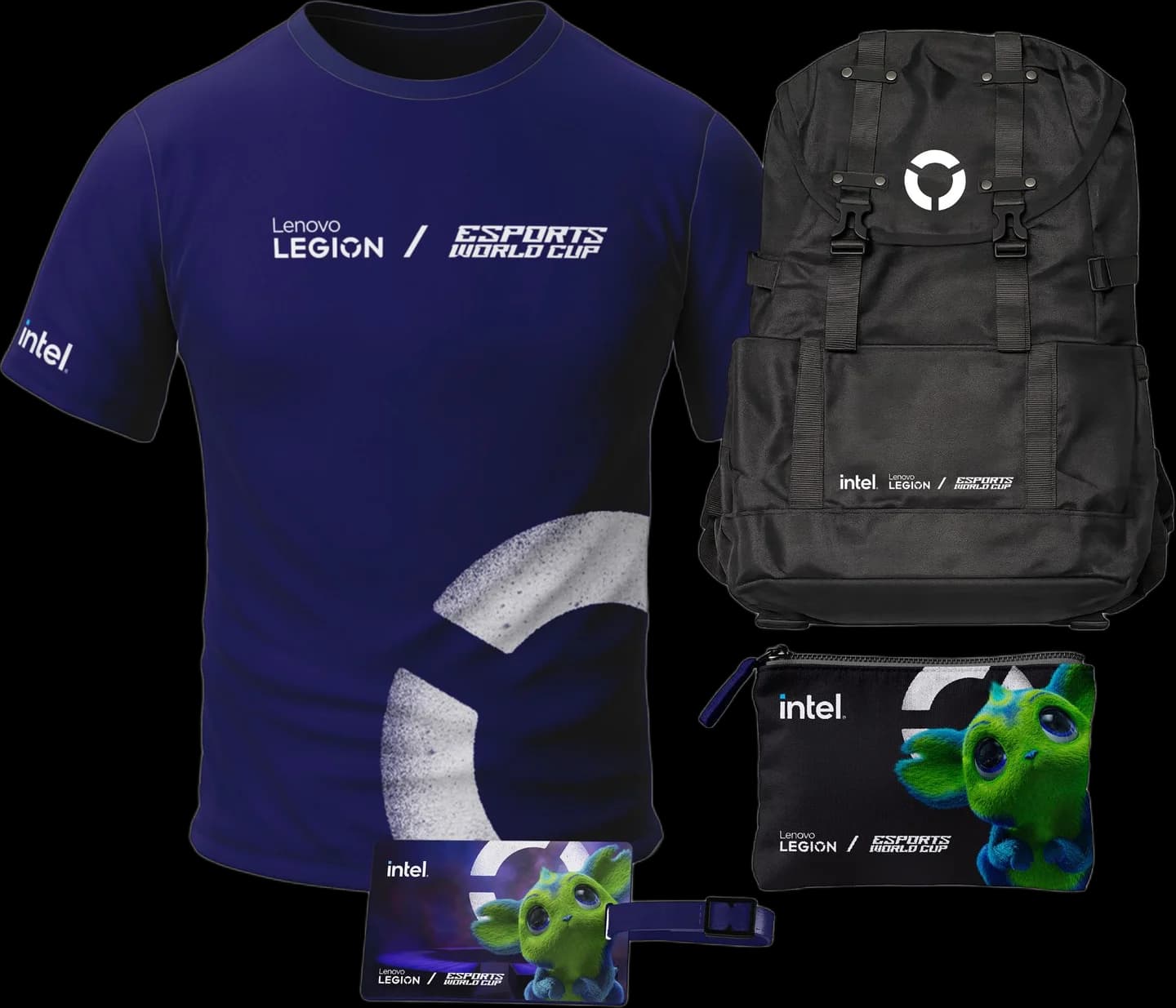 Exclusive Lenovo Legion × EWC merch — shirt, backpack, pouch and bag tag